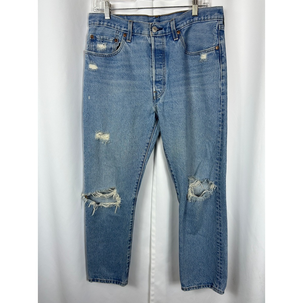 Levis 501 Original Fit Light Wash Distressed Button Fly Denim Jeans 33x27